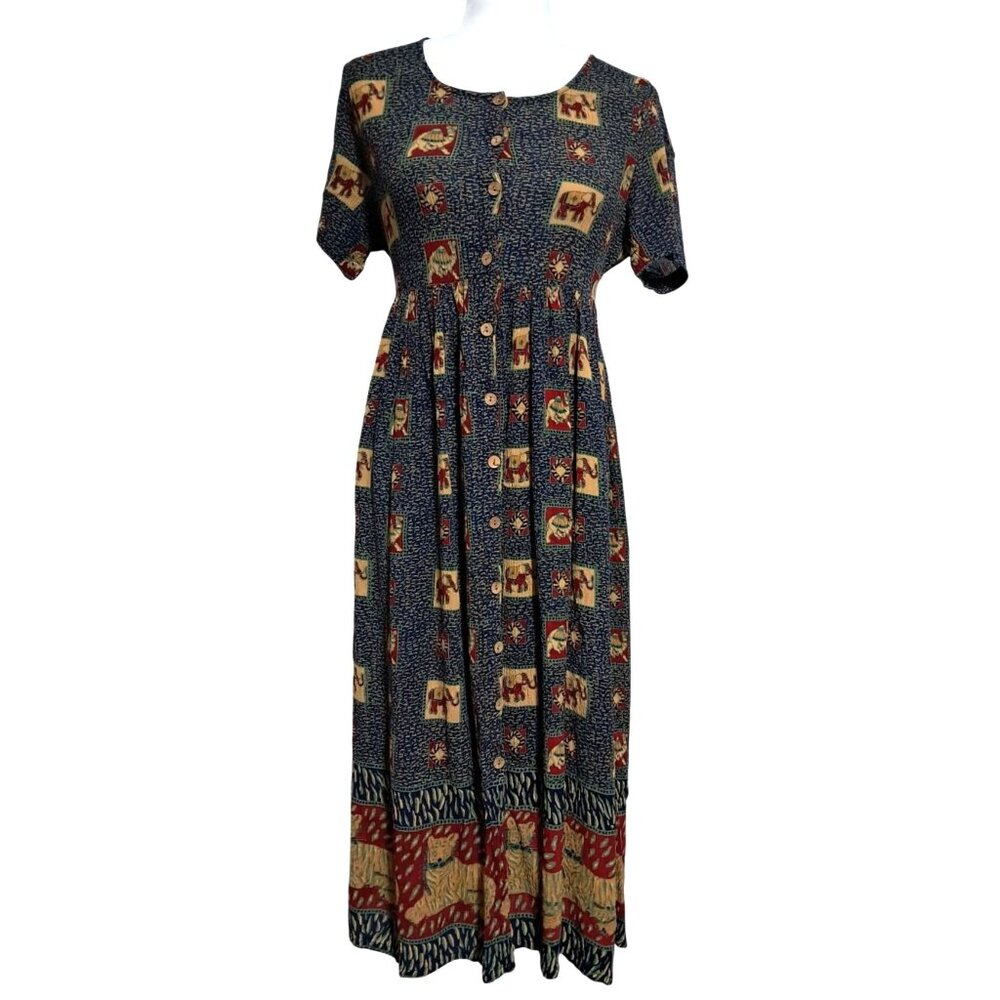 Boho Safari Ethnic Dress Women PM Rayon Animal Print Button‎ Front Maxi 90s Vtg